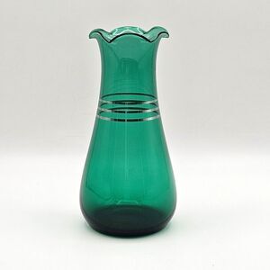 Emerald Forest Green Glass Vase with Silver Bands Ruffled Edge Vintage